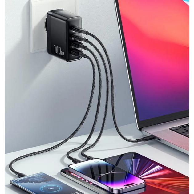 Сетевое зарядное устройство Essager 100W GAN (2xType-C + 2xUSB-A) Black - Фото 7 Сетевое зарядное устройство Essager 100W GAN (2xType-C + 2xUSB-A) Black - изображение 7