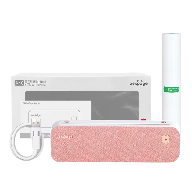 Портативний бездротовий термопринтер PeriPage A40 Pink + чохол + 2 рулони термо паперу + 5 листів паперу для трансферу тату - зображення 2