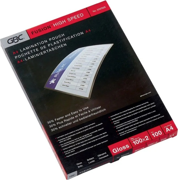 Folie do laminowania GBC błyszczące 2 x 100 mikronów A4 100 szt. (33816055346) - obraz 1