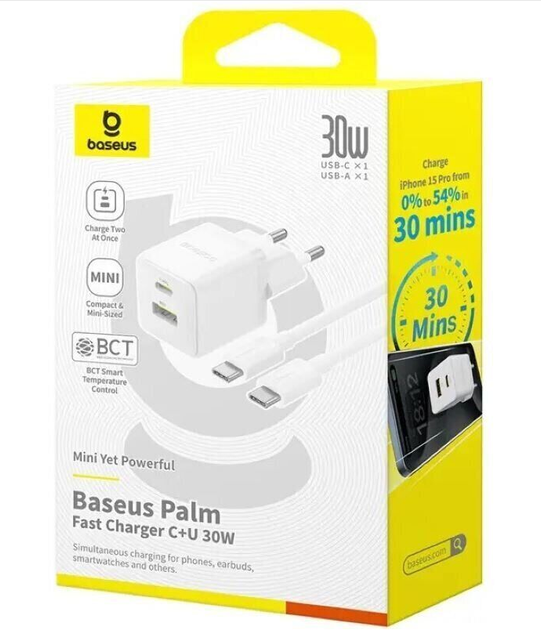 Быстрое зарядное с кабелем Baseus Palm Fast Charger C+U 30W + Cable Type-C to Type-C P1011160A213-01 Белое - Фото 4 Быстрое зарядное с кабелем Baseus Palm Fast Charger C+U 30W + Cable Type-C to Type-C P1011160A213-01 Белое - изображение 4