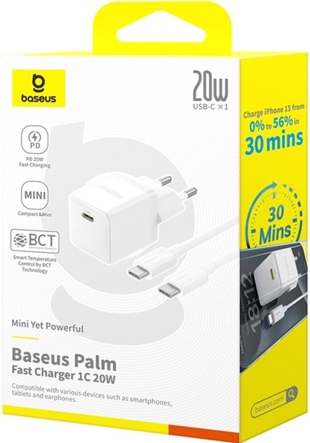 Сетевой адаптер Baseus Palm Fast Charger 1C 20W + Cable Type-C to Type-C P10111602213-01 Белый - изображение 2
