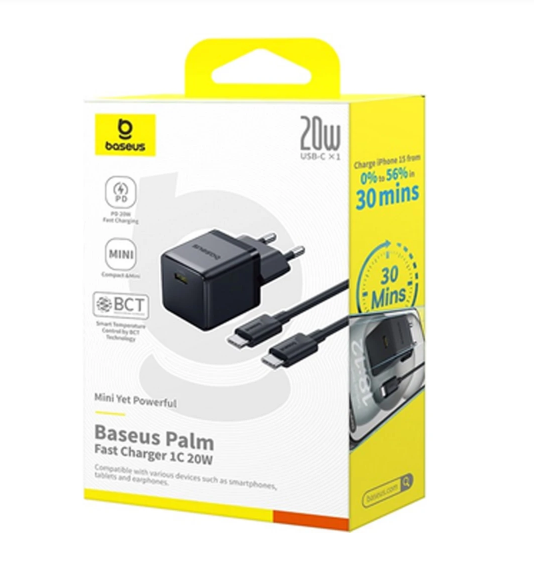 Сетевой адаптер Baseus Palm Fast Charger 1C 20W + Cable Type-C to Type-C P10111602113-01 Черный - Фото 3 Сетевой адаптер Baseus Palm Fast Charger 1C 20W + Cable Type-C to Type-C P10111602113-01 Черный - изображение 3
