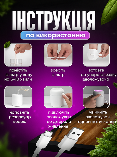 Увлажнитель воздуха мини ультразвуковой портативный Humidifier H2O светодиодный диффузор ночник Белый - изображение 4