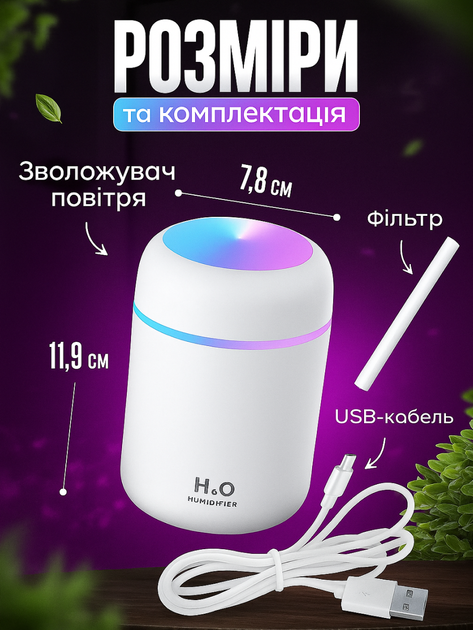 Увлажнитель воздуха мини ультразвуковой портативный Humidifier H2O светодиодный диффузор ночник Белый - изображение 7
