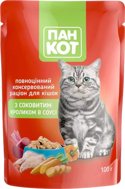 Пан КОТ: Влажный корм для взрослых кошек с сочным кроликом – 24 шт. по 100 г. - Фото 2 Пан КОТ: Влажный корм для взрослых кошек с сочным кроликом – 24 шт. по 100 г. - изображение 2