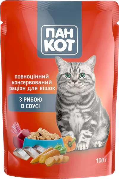 Пан КОТ: Влажный корм для взрослых кошек с рыбой в соусе – 24 шт. по 100 г. - Фото 2 Пан КОТ: Влажный корм для взрослых кошек с рыбой в соусе – 24 шт. по 100 г. - изображение 2