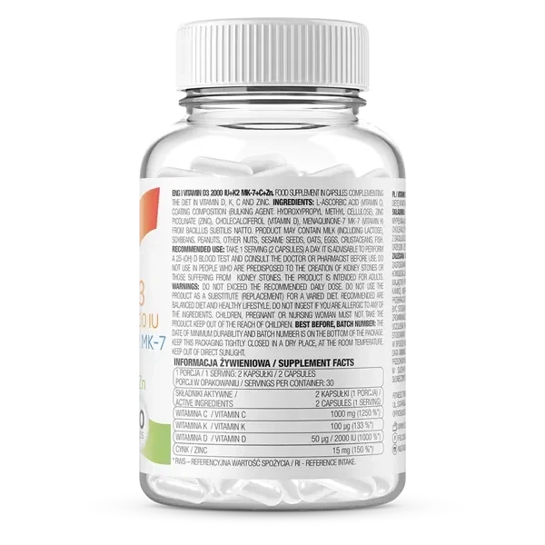 Вітамін Д-3 OstroVit Vitamin D3 2000 + K2 MK-7 + C + Zn 60 капсул - зображення 2