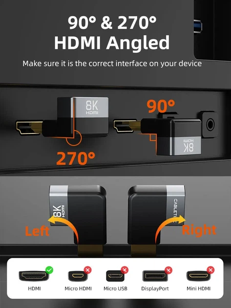 Перехідник Cabletime HDMI Male to Female Adapter 270° Лівій Degree, 8K60Hz, 4K120Hz (CP43G) - Фото 3 Перехідник Cabletime HDMI Male to Female Adapter 270° Лівій Degree, 8K60Hz, 4K120Hz (CP43G) - зображення 3