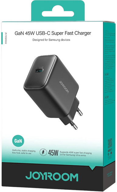 Мережевий зарядний пристрій JOYROOM JR-TCG13 USB-C 45W GaN для Samsung Ultra Black (6956116729325) - зображення 7