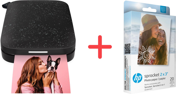Фотопринтер HP Sprocket 2x3" Sprocket Black (HPISPB) + Фотопапір HP Sprocket Zink 2x3" Глянцевий Самоклеючий 20 л у подарунок! - зображення 1