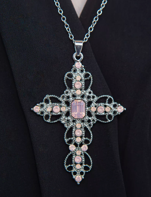 Ланцюжок із кулоном ажурний хрест Fashionn Jewerly зі стразами рожевий колір у корейському готичному стилі y2k аніме (SVS) - зображення 5