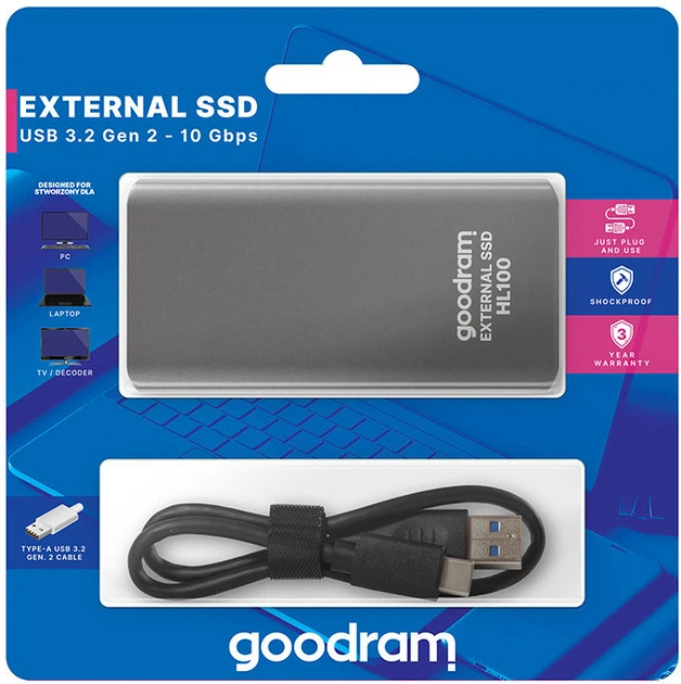 Dysk SSD Goodram HL100 1TB USB 3.2 Type-C TLC Black (SSDPR-HL100-01T) Zewnętrzny - obraz 4
