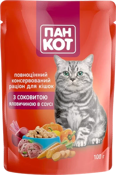 Пан КОТ: Вологий корм для дорослих котів з соковитою яловичиною в соусі – 24 шт. по 100 г. - зображення 2