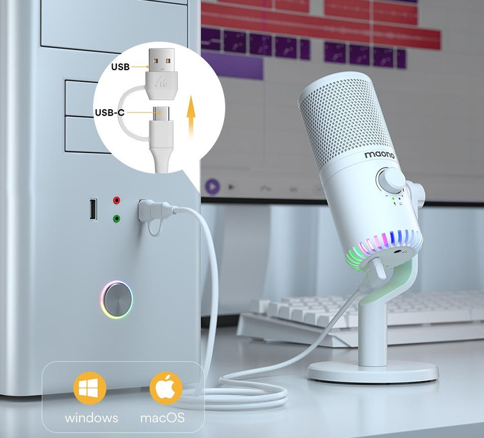 Конденсаторный студийный usb микрофон Maono DM30 для пк ноутбука компьютера записи голоса пения вокала стрима блогера подкастов zoom конференций игровой геймерський белый с подсветкой rgb и юсб разъемом - изображение 3