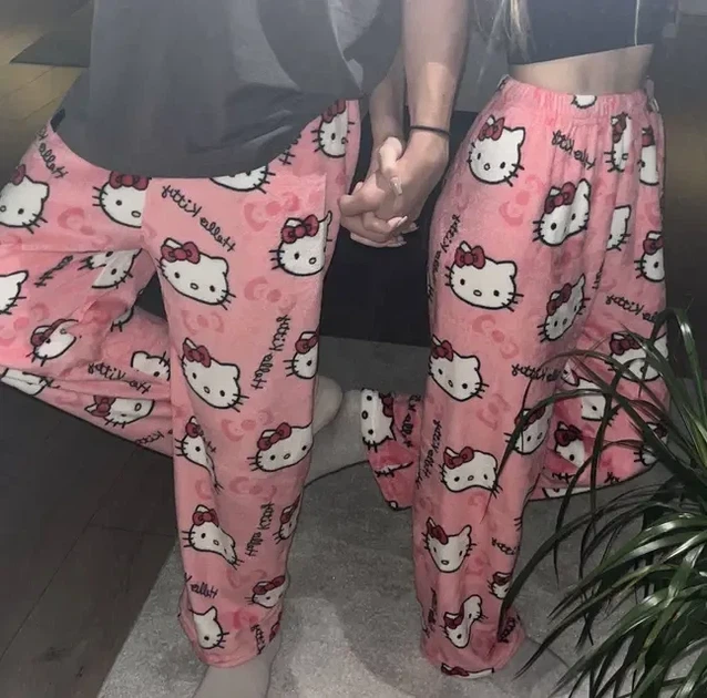 Пижамные штаны Hello kitty широкие трендовые плюшевые розовые - изображение 5