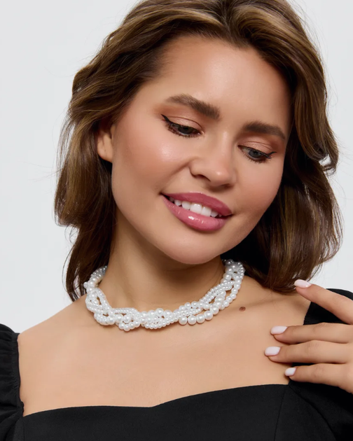 Кольє буси перлинне Fashion Jewerly багатошарове штучні перли ошатне намисто біжутерія білий колір (SVS) - зображення 4