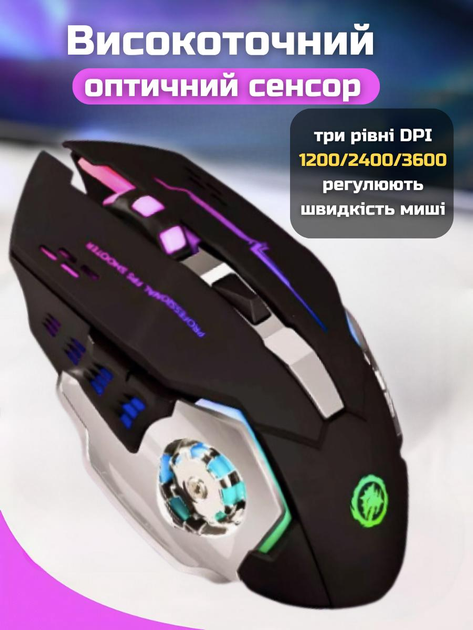 Беспроводная мышь игровая с RGB подсветкой аккумуляторная регулируемое DPI 800 1200 1600 оптический сенсор USB Wi-Fi адаптер эргономичная бесшумная для ПК ноутбуков Android для игр и работы удобная светящаяся мышь с подсветкой - изображение 3
