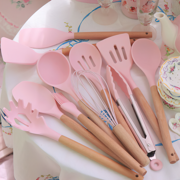 Набор кухонных принадлежностей из силикона и дерева с подставкой Kitchen Set 12 предметов Розовый (HA-50) - изображение 7
