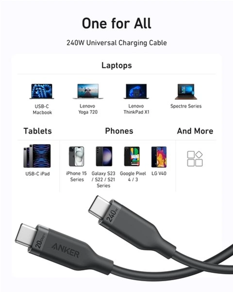 Кабель Anker USB-C to USB-C 240W 20 Gbps 4K Video Tranfer Bio-Nylon 0.9 м Чорний (A80N1H11) - зображення 7
