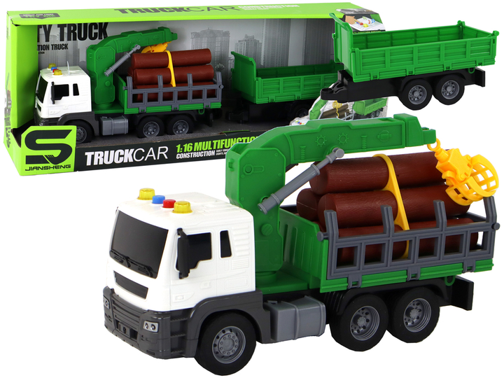 Ciężarówka z dźwigiem Lean Toys i przyczepą do drewna oraz z napędem frykcyjnym i dźwiękami 1:16 Zielona (16617) (5905884452035) - obraz 2