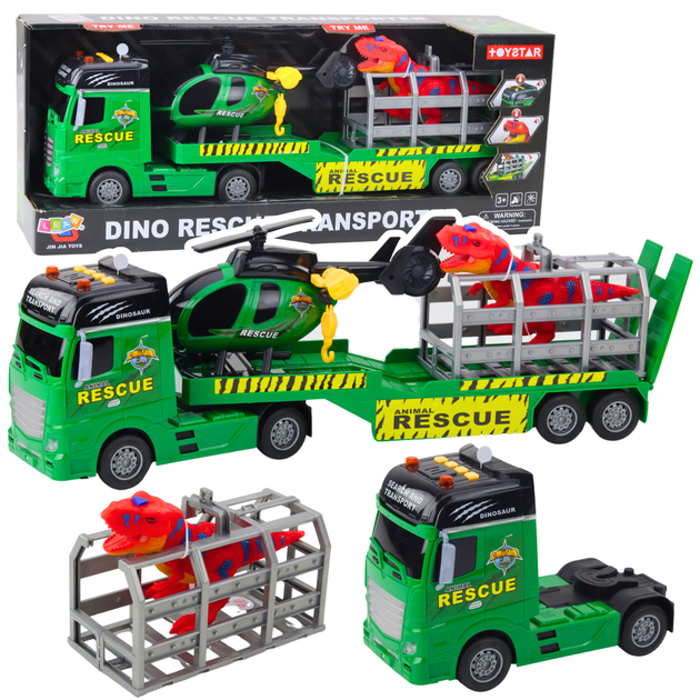 Zestaw zabawek Lean Toys Ratowniczy ze światłami i dźwiękami Ciężarówka + Helikopter + Samochód + Dinozaur (21482) (5905991038788) - obraz 2