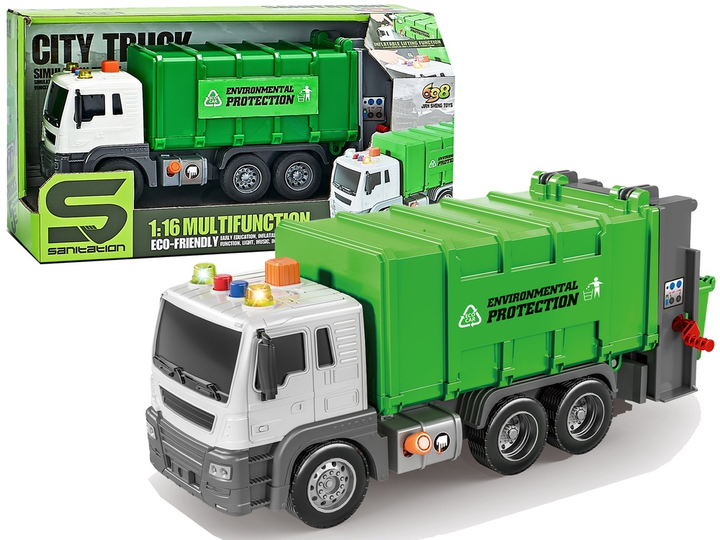 Śmieciarka Lean Toys Segregowanie z napędem frykcyjnym i efektami dźwiękowymi Zielona 1:16 (20268) (5905991025511) - obraz 2