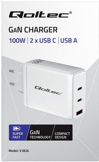 Ładowarka sieciowa Qoltec GaN 100W 5-20V 2x USB-C PD QC 3.0 White (5901878518268) - obraz 3