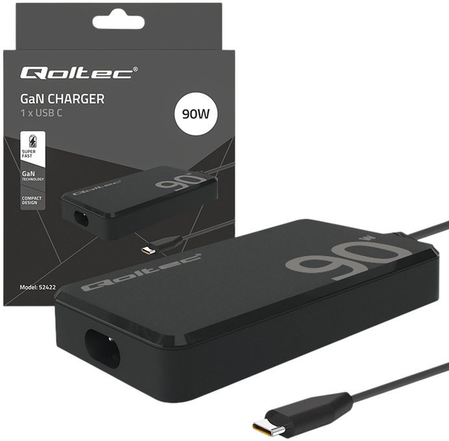 Блок живлення Qoltec GaN 20V 90W 4.5A USB-C 3.1 Black (5901878524221) - зображення 6
