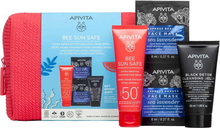 Zestaw Apivita Bee Sun Safe Hydra Sensitive Krem przeciwsłoneczny do twarzy SPF 50+ 50 ml + Żel oczyszczający Detox 50 ml + Maska do twarzy 2 x 8 ml (5201279103002) - obraz 1