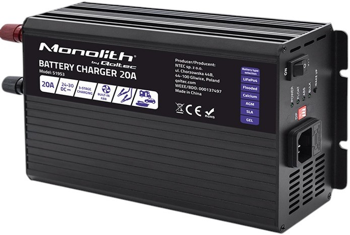 Inteligentna ładowarka Qoltec Monolith 24V 20A do akumulatora LiFePO4/AGM/GEL/SLA (5901878519531) - obraz 1