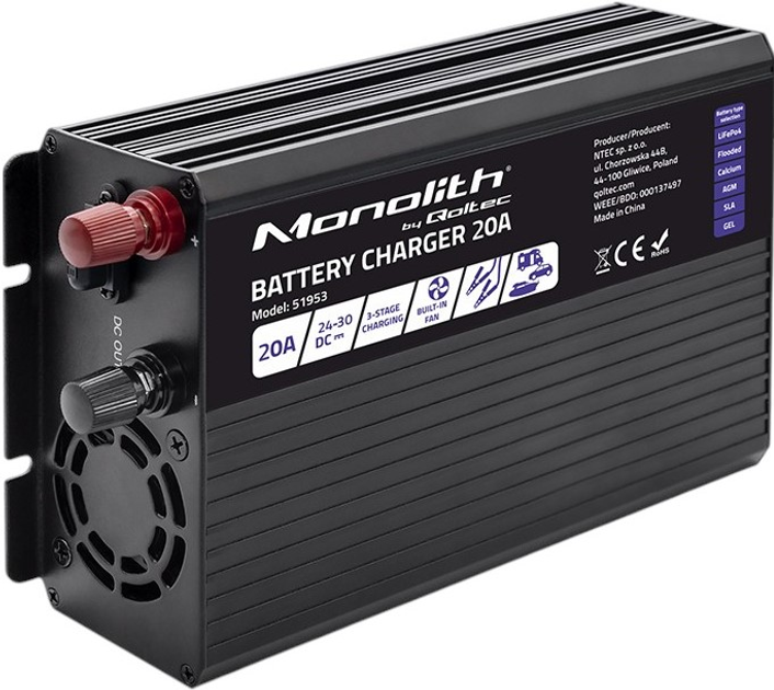 Inteligentna ładowarka Qoltec Monolith 24V 20A do akumulatora LiFePO4/AGM/GEL/SLA (5901878519531) - obraz 3