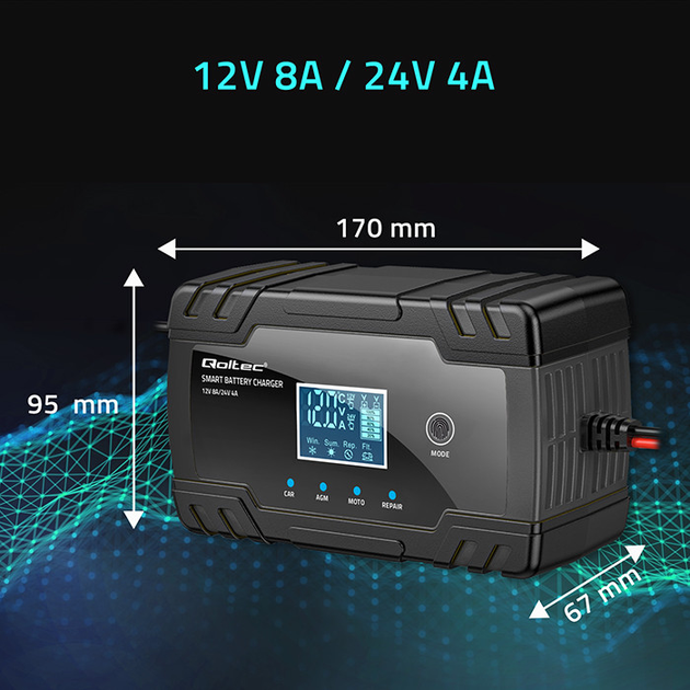 Inteligentna mikroprocesorowa ładowarka Qoltec 12V/24V 8A/4A LCD (5901878524900) - obraz 6