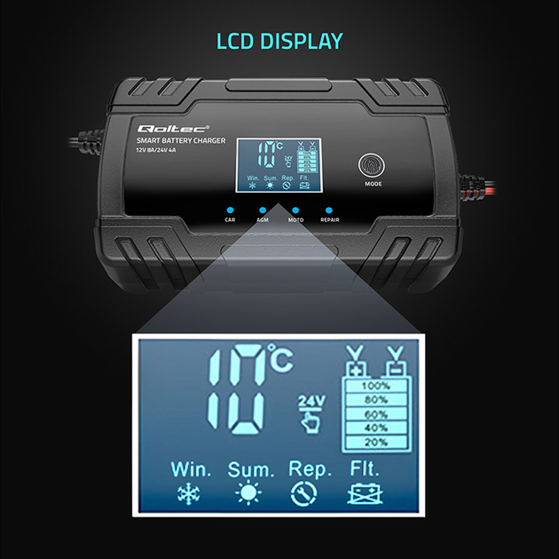 Inteligentna mikroprocesorowa ładowarka Qoltec 12V/24V 8A/4A LCD (5901878524900) - obraz 8