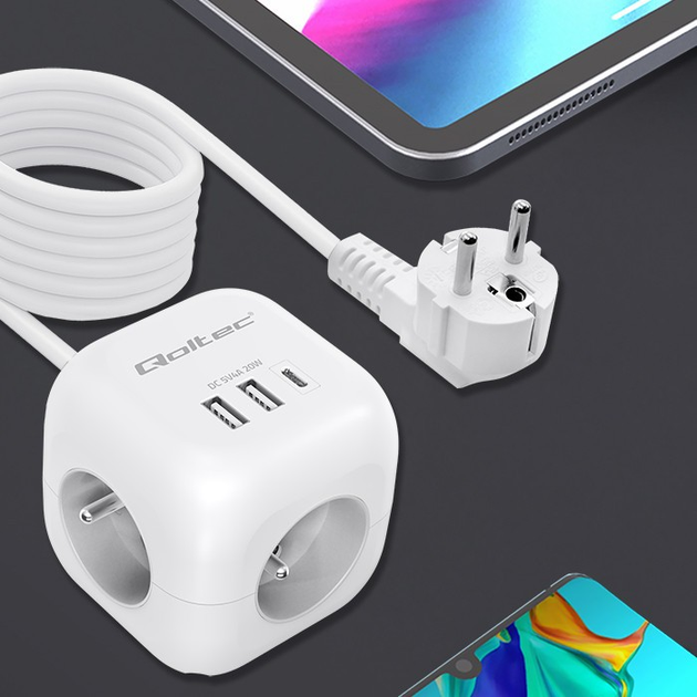 Rozgałęźnik sieciowy Qoltec Power Cube 3x AC + 2x USB + 1x USB-C PD 20W 2 m White (5901878525471) - obraz 8