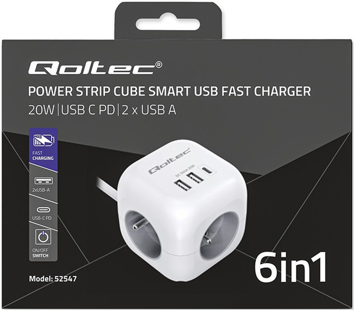 Rozgałęźnik sieciowy Qoltec Power Cube 3x AC + 2x USB + 1x USB-C PD 20W 2 m White (5901878525471) - obraz 9