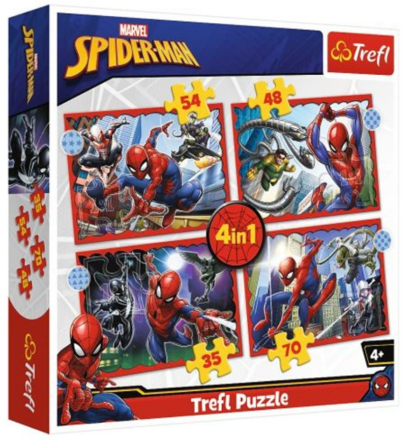 Zestaw Puzzle Trefl Bohaterski Spider-Man 4 w 1 35/48/54/70 elementów 34384 (5900511343847) - obraz 1