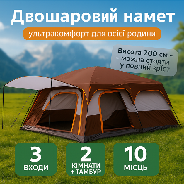 Намет-будинок 14 м2 10-місна двошарова Yar-sport 1611 для туризму 420×350×200 (коричнева) - Фото 1 Намет-будинок 14 м2 10-місна двошарова Yar-sport 1611 для туризму 420×350×200 (коричнева) - зображення 1