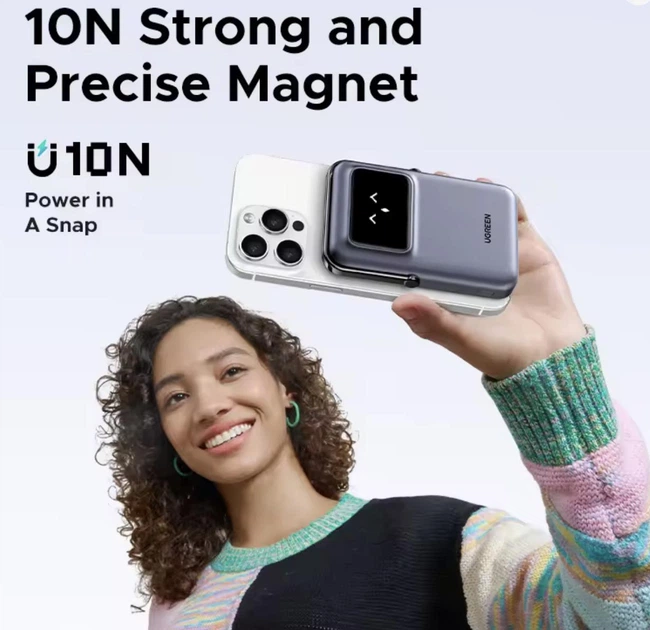 Магнітна батарея (повербанк) UGREEN Uno 20вт Qi2 10,000mAh Magsafe Power Bank з дисплеєм та швидкісною зарядкою - Black - зображення 5