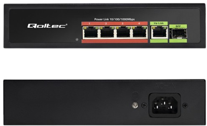 Комутатор Qoltec PoE SWITCH 4x RJ45 PoE 1x RJ45 Uplink 1x SFP 65W 1000 Mb (5901878522968) - зображення 3