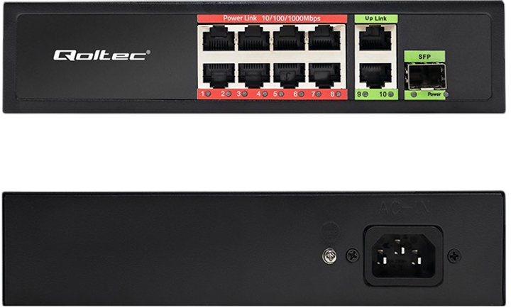 Switch Qoltec PoE SWITCH 8x RJ45 PoE 2x RJ45 Uplink 1x SFP 120W 1000 Mb (5901878522975) - obraz 3