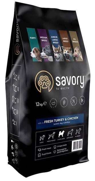 Сухий корм для молодих собак великих порід Savory з індичкою та куркою 12 кг (4820232630211) - зображення 1