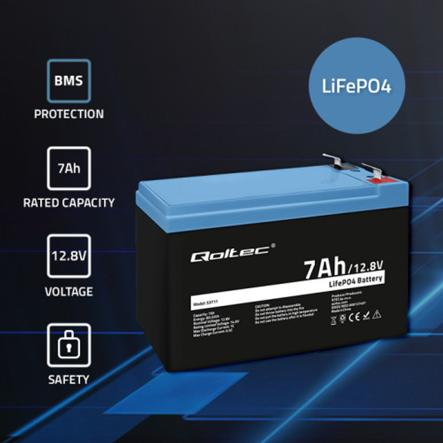 Akumulator Qoltec LiFePO4 Litowo-Żelazowo-Fosforanowy 12.8V 7Ah 89.6Wh BMS (5901878537115) - obraz 7