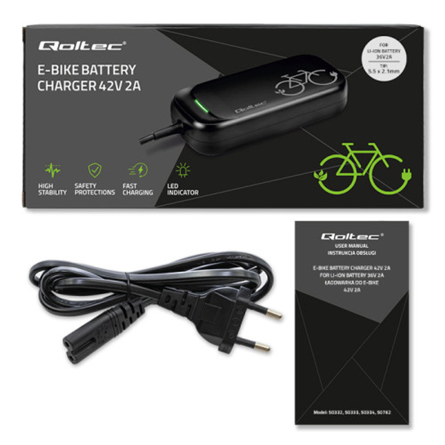 Блок живлення для електричного велосипеду Qoltec Charger for e-bike, electric scooter 36V / 42V 2A 5.5*2.1 (5901878503325) - зображення 8