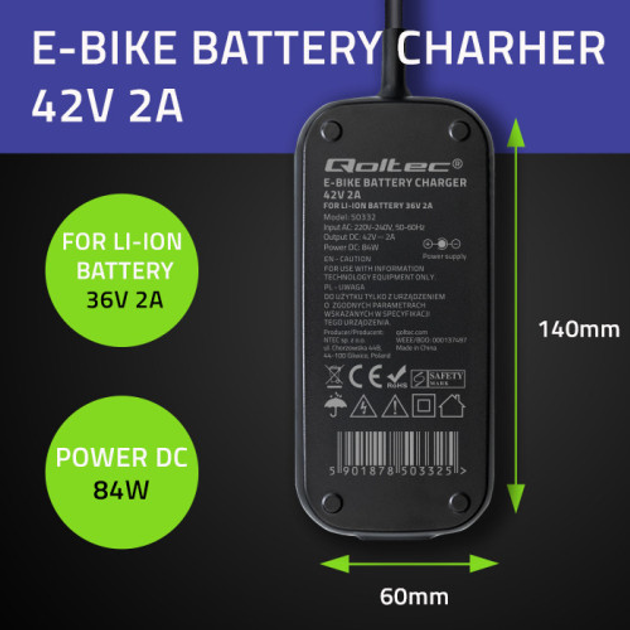 Блок живлення для електричного велосипеду Qoltec Charger for e-bike, electric scooter 36V / 42V 2A 5.5*2.1 (5901878503325) - зображення 10