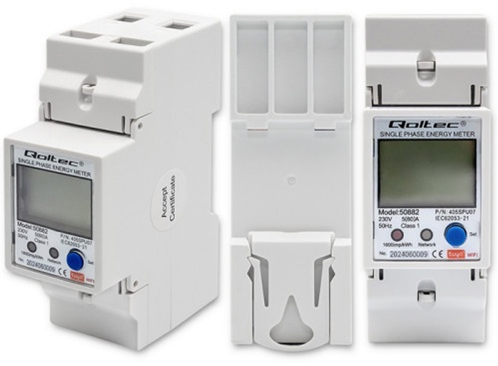 Лічильник електроенергії Qoltec Single phase electronic energy consumption meter for DIN rail 230 V LCD Wi-fi (5901878508825) - зображення 3