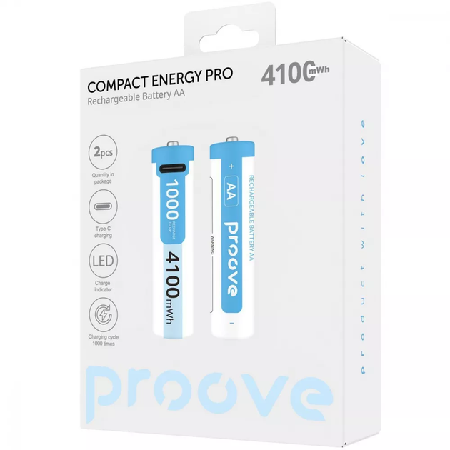 Аккумуляторные батарейки многоразовые Proove Compact Energy Pro, AA в комплекте 2 шт, 4100mWh, Type-C, Li-ion - Фото 6 Аккумуляторные батарейки многоразовые Proove Compact Energy Pro, AA в комплекте 2 шт, 4100mWh, Type-C, Li-ion - изображение 6