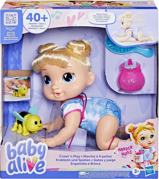 Lalka Bobas Hasbro Baby Alive Crawl 'n Play Harper Hugs Doll 27 cm F9709 (5010996271945) - obraz 1