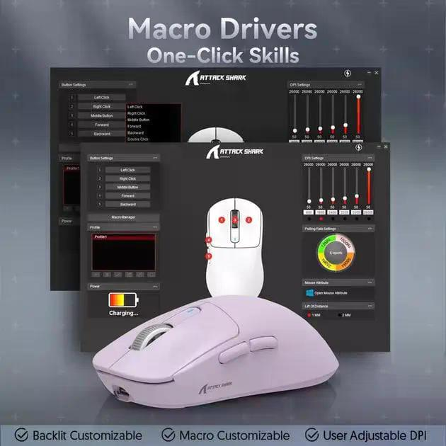 Беспроводная игровая мышь Attack Shark X3 PAW3395 26000dpi + стикеры Purple - изображение 7
