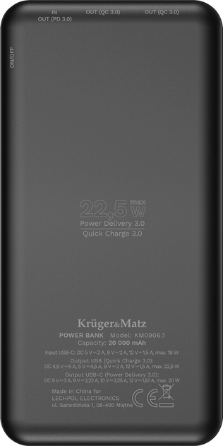 Powerbank Kruger&Matz Li-pol QC/PD 20000 mAh 22.5 W Black (KM0906.1) - obraz 5