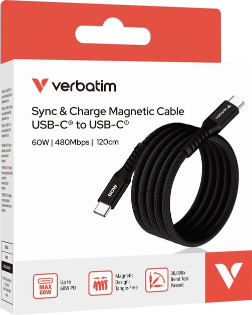 Kabel zasilający i synchronizujący Verbatim 60 W z magnesem, USB-C do USB-C, 120 cm, czarny (0023942318590) - obraz 3